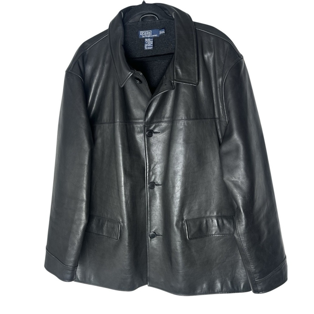 Polo Ralph Lauren Men 100% Leather Jacket 2XL Black Wool Lined Quality Buttons
